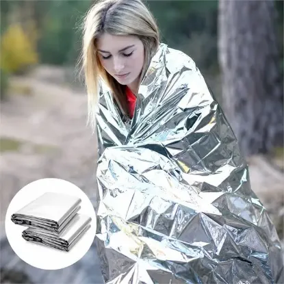 Sunup SN-14528 130x210cm Gümüş Acil Durum Termal İlkyardım Battaniyesi Isı Yansıtıcı Rüzgar Su Geçirmez resmi