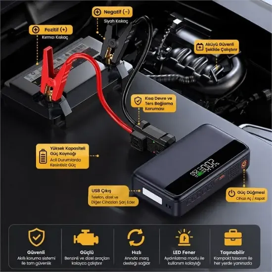 Powermaster N33 Lastik Hava Kompresörlü Akü Takviye Cihazı 65W Fast Powerbank resmi