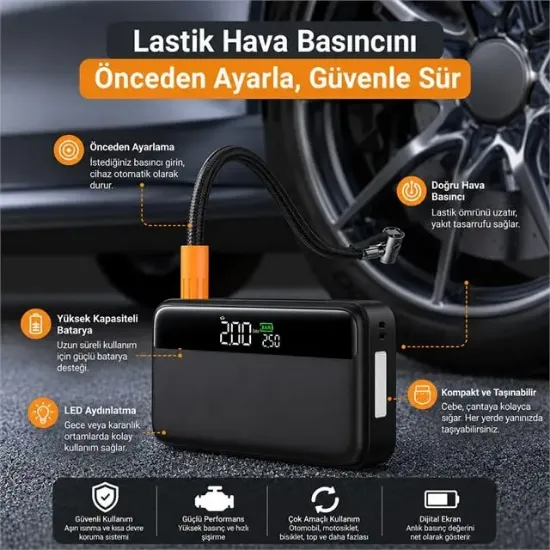 Powermaster N33 Lastik Hava Kompresörlü Akü Takviye Cihazı 65W Fast Powerbank resmi