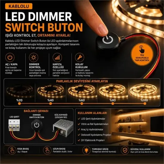 Powermaster PM-30787 12V DC 10mm Gömme Dokunmatik LED Dimmer Kontrolcüsü Switch Buton Siyah resmi