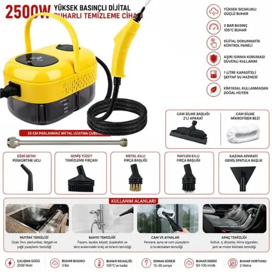 Sunup SN-37875 2500W Yüksek Basınçlı Ayarlanabilir Dijital Buharlı Temizleme Cihazı 1 Litre Su Hazneli resmi