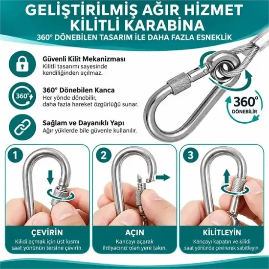 SUNUP SN-38108 10 Metre Çelik Köpek Bağlama Halatı Kilitli Karabina PVC Kaplamalı resmi