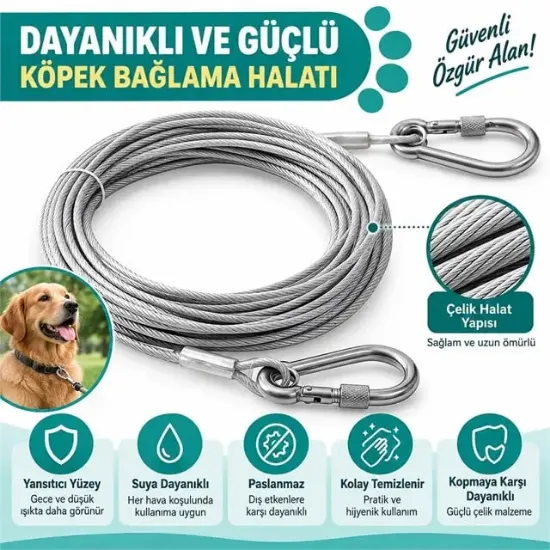Sunup SN-38107 5 Metre Çelik Köpek Bağlama Halatı Kilitli Karabina PVC Kaplamalı resmi