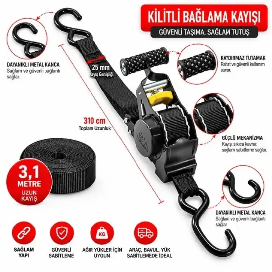 Sunup SN-37789 3 Metre Otomatik Cırcırlı Bağlama Kayışı Spanzet Kaydırmaz Tutamaklı Dayanıklı Çelik Gövde 230KG resmi
