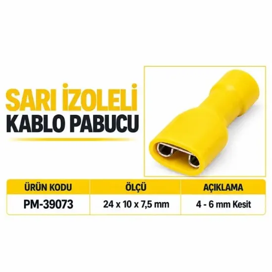 PowerMaster PM-39073 4-6mm2 Kesit 24x10x7,5mm Soket Sarı İzoleli Kablo Pabucu (100'lü Paket) resmi