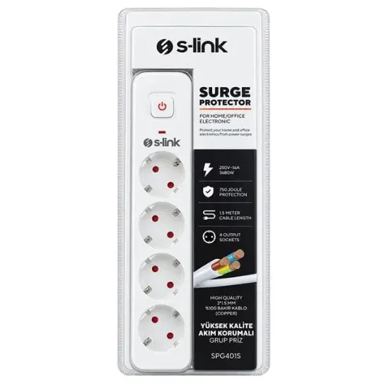 S-Link SPG401S Beyaz 1.5Mm Bakır 1.5 Metre Kablolu 750 Joule 4'lü Anahtarlı Akım Korumalı Priz resmi