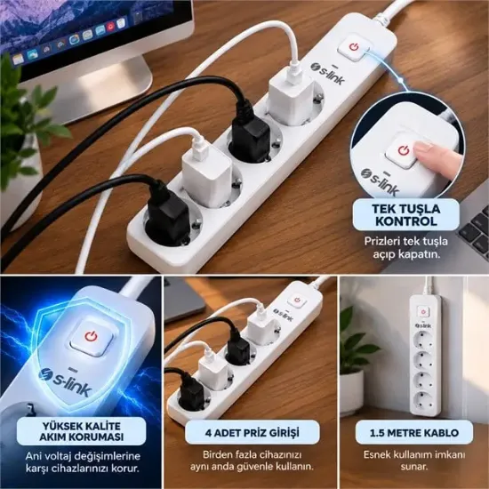 S-Link SPG401S Beyaz 1.5Mm Bakır 1.5 Metre Kablolu 750 Joule 4'lü Anahtarlı Akım Korumalı Priz resmi