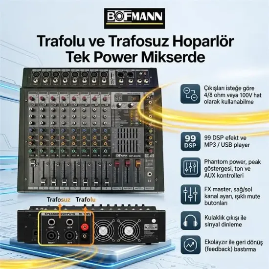 Bofmann BF-PM2500T Hat Trafolu Profesyonel Power Mikser Amfi resmi