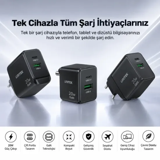 UNITEK REXO 140W 4 PORTLU AKILLI EKRANLI GAN SARJ CİHAZI  (P1132ABK01-EU) resmi
