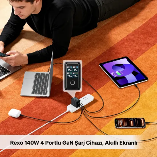 UNITEK REXO 140W 4 PORTLU AKILLI EKRANLI GAN SARJ CİHAZI  (P1132ABK01-EU) resmi