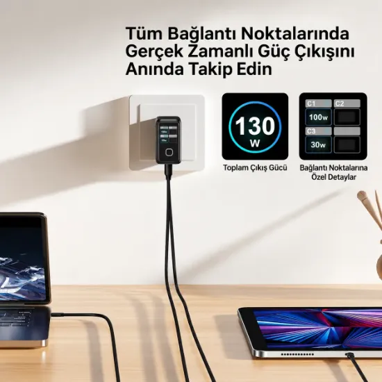 UNITEK REXO 140W 4 PORTLU AKILLI EKRANLI GAN SARJ CİHAZI  (P1132ABK01-EU) resmi