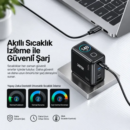 UNITEK REXO 140W 4 PORTLU AKILLI EKRANLI GAN SARJ CİHAZI  (P1132ABK01-EU) resmi