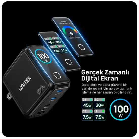 UNITEK REXO 100W 4 PORTLU AKILLI EKRANLI GAN SARJ CİHAZI (P1132ABK01-EU) resmi