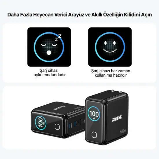 UNITEK REXO 100W 4 PORTLU AKILLI EKRANLI GAN SARJ CİHAZI (P1132ABK01-EU) resmi