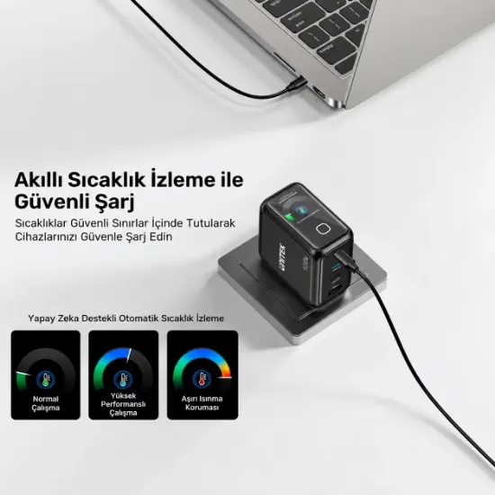 UNITEK REXO 100W 4 PORTLU AKILLI EKRANLI GAN SARJ CİHAZI (P1132ABK01-EU) resmi