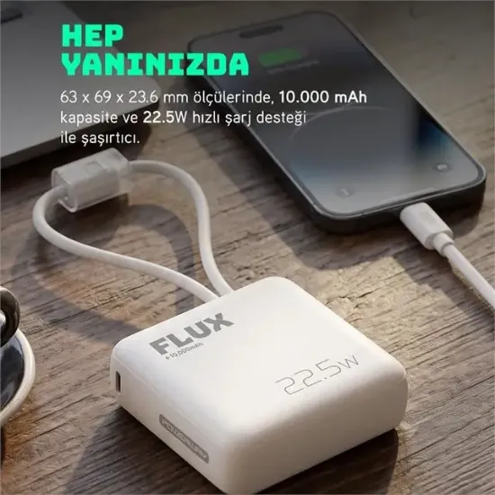 Powerway FLUX 10.000 mAh 22.5W Entegre Kablolu Hızlı Şarj Powerbank Beyaz resmi