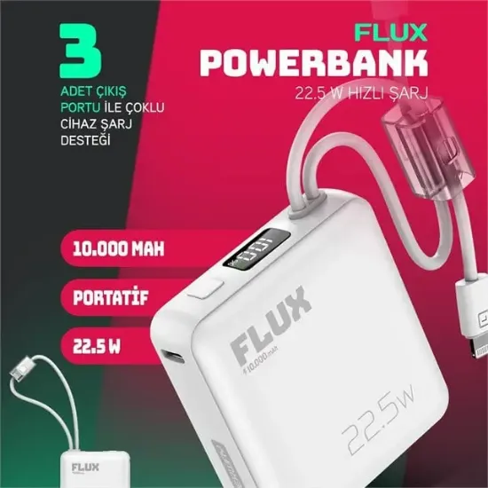 Powerway FLUX 10.000 mAh 22.5W Entegre Kablolu Hızlı Şarj Powerbank Beyaz resmi
