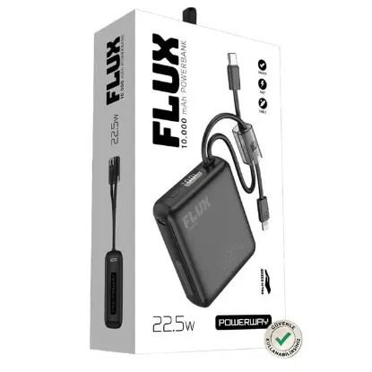 Powerway FLUX 10.000 mAh 22.5W Entegre Kablolu Hızlı Şarj Powerbank Siyah resmi
