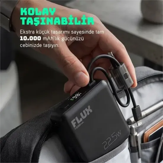 Powerway FLUX 10.000 mAh 22.5W Entegre Kablolu Hızlı Şarj Powerbank Siyah resmi