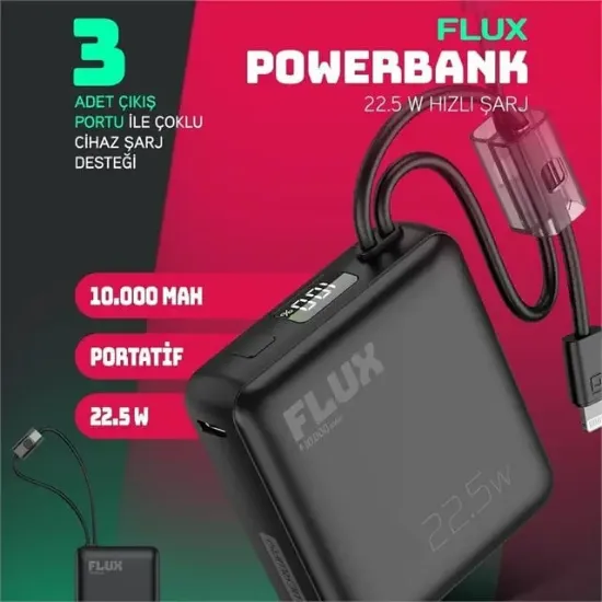 Powerway FLUX 10.000 mAh 22.5W Entegre Kablolu Hızlı Şarj Powerbank Siyah resmi