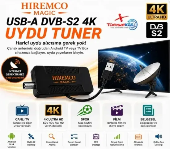 Hıremco Magıc USB-A DVBS-S2 4K Androıd Uydu Tuner resmi