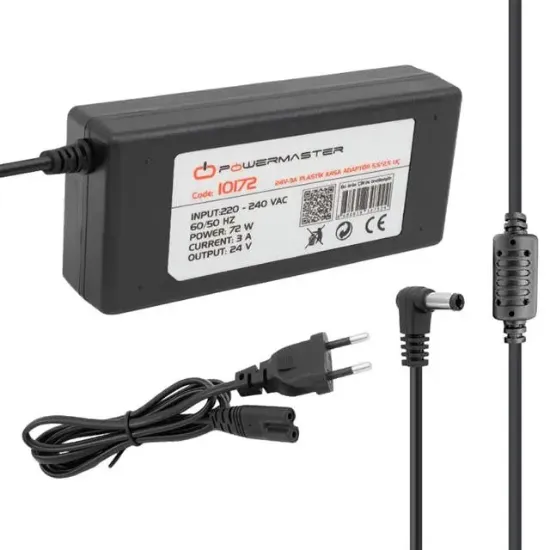 Powermaster PM-10172 24 Volt - 3 Amper - 72 Watt 5.5*2.5 Mm L Uçlu Plastik Kasa Masaüstü Adaptör resmi