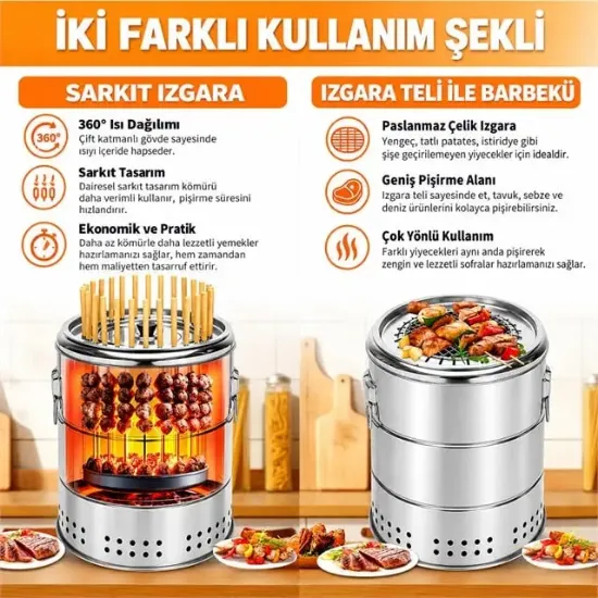 Sunup SN-38918 Dumansız Paslanmaz Çelik Kömürlü Barbekü Izgarası resmi