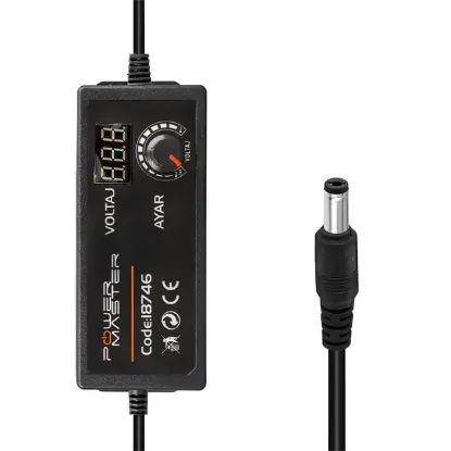 POWERMASTER PM-38599 3 VOLT - 12 VOLT - 5 AMPER 5.5*2.5 MM UÇLU 1 METRE KABLOLU AYARLI KADEMELİ ADAPTÖR resmi