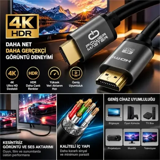Powermaster PM-39207 20 Metre 4K 60Hz Metal Başlıklı HDMI Kablo resmi