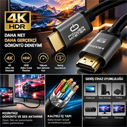 Powermaster PM-39204 5 Metre 4K 60Hz Metal Başlıklı HDMI Kablo resmi