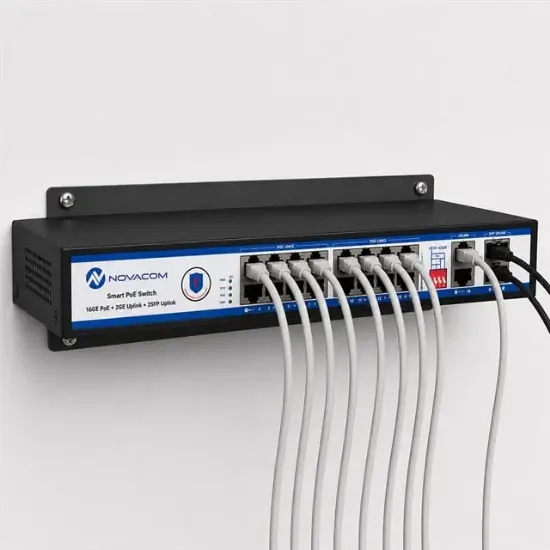 Novacom NVC-PSEG1622 16 Port 10/100/1000 Mbps 300 Watt Full Gigabit Metal Kasa PoE Switch resmi