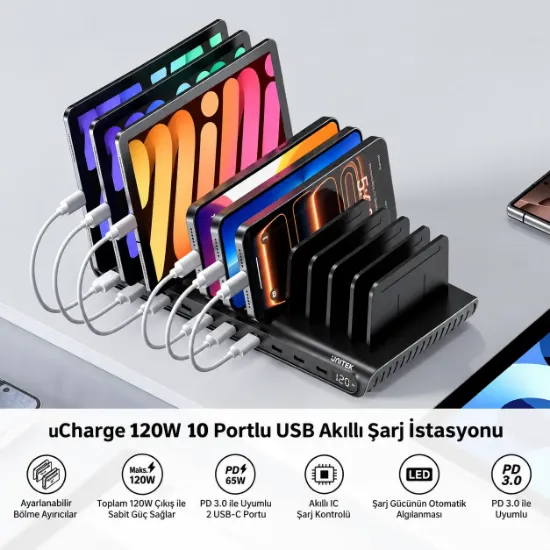 UNITEK UCHARGE 120W 10 BAĞLANTI NOKTALI AKILLI SARJ ISTASYONU (P1230EBK01-EU) resmi